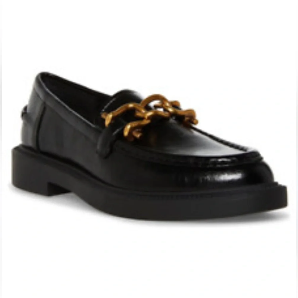 NEW Steve Madden Karmine Black Leather Gold Chain Loafers women sz 5,7.5,8.5,9.5 - Picture 9 of 9